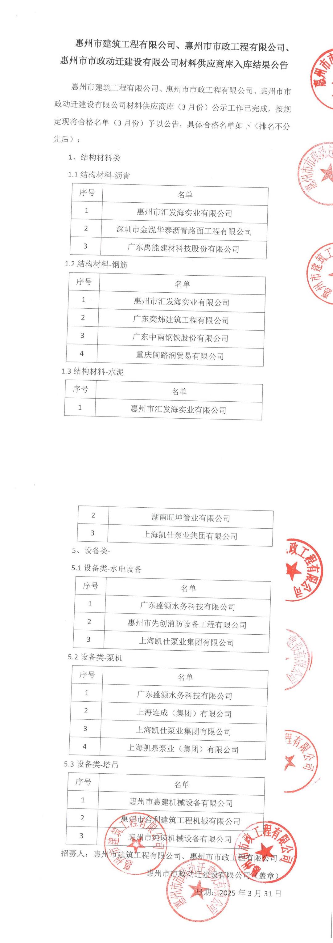材料供应商库入库结果公示