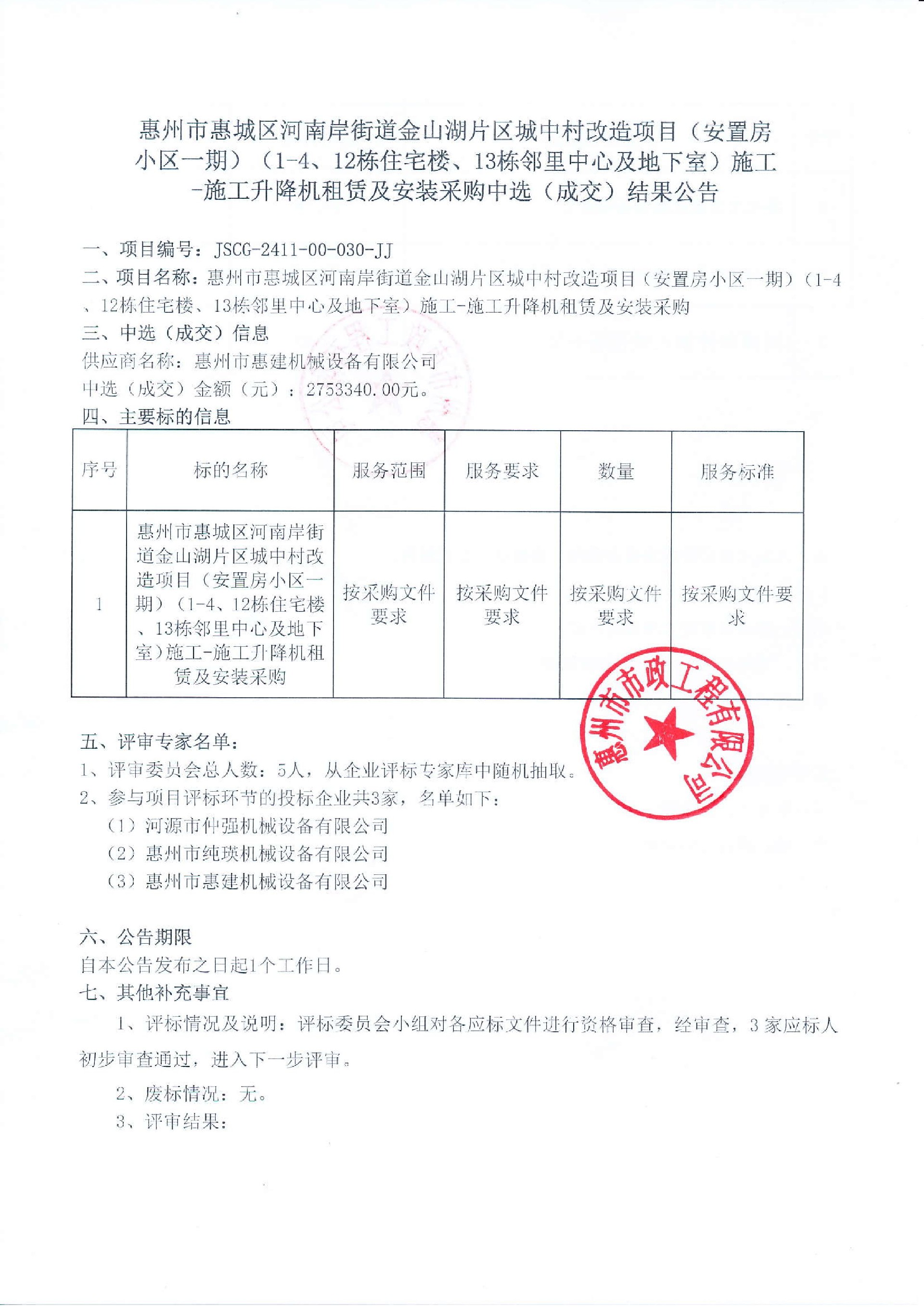 惠州市惠城区河南岸街道金山湖片区城中村改造项目（安置房小区一期）（1-4、12栋住宅楼、13栋邻里中心及地下室）施工-施工升降机租赁及安装采购中选（成交）结果公告