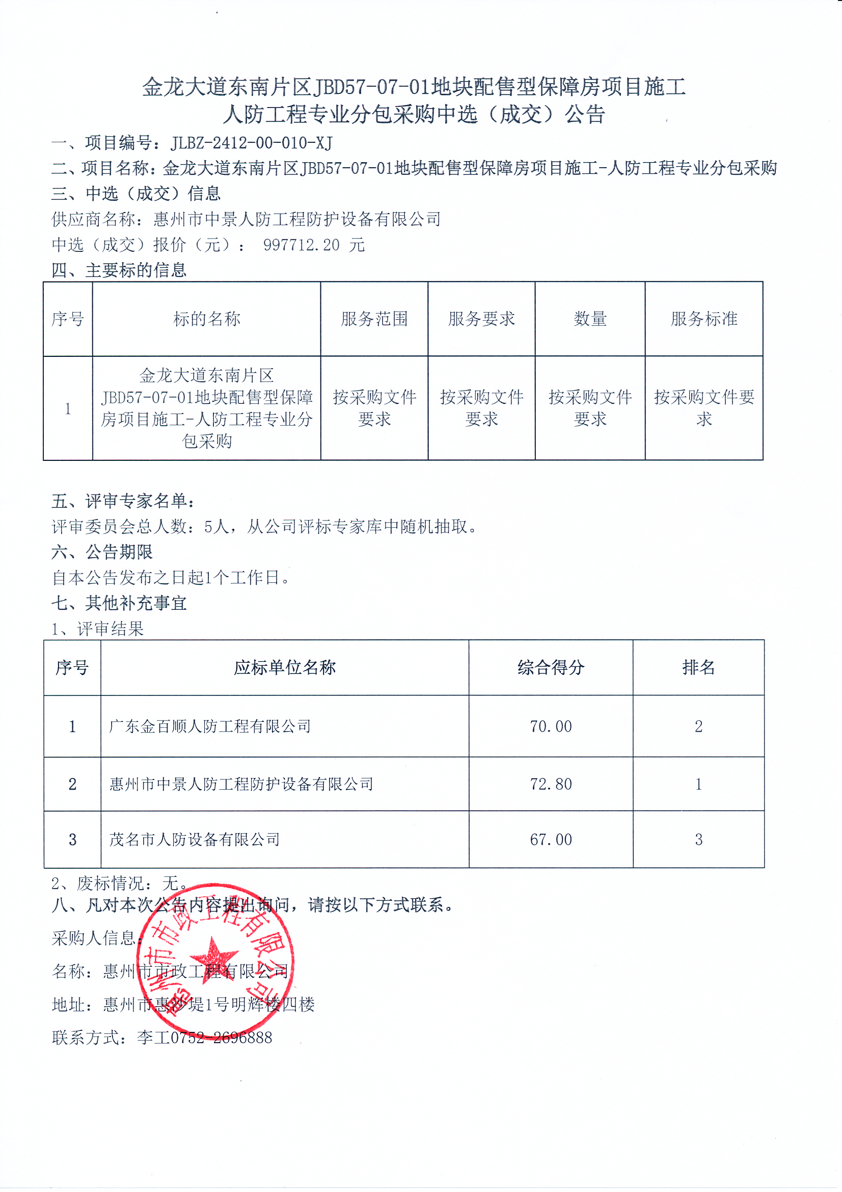 金龙大道东南片区JBD57-07-01地块配售型保障房项目施工人防工程专业分包采购中选（成交）公告