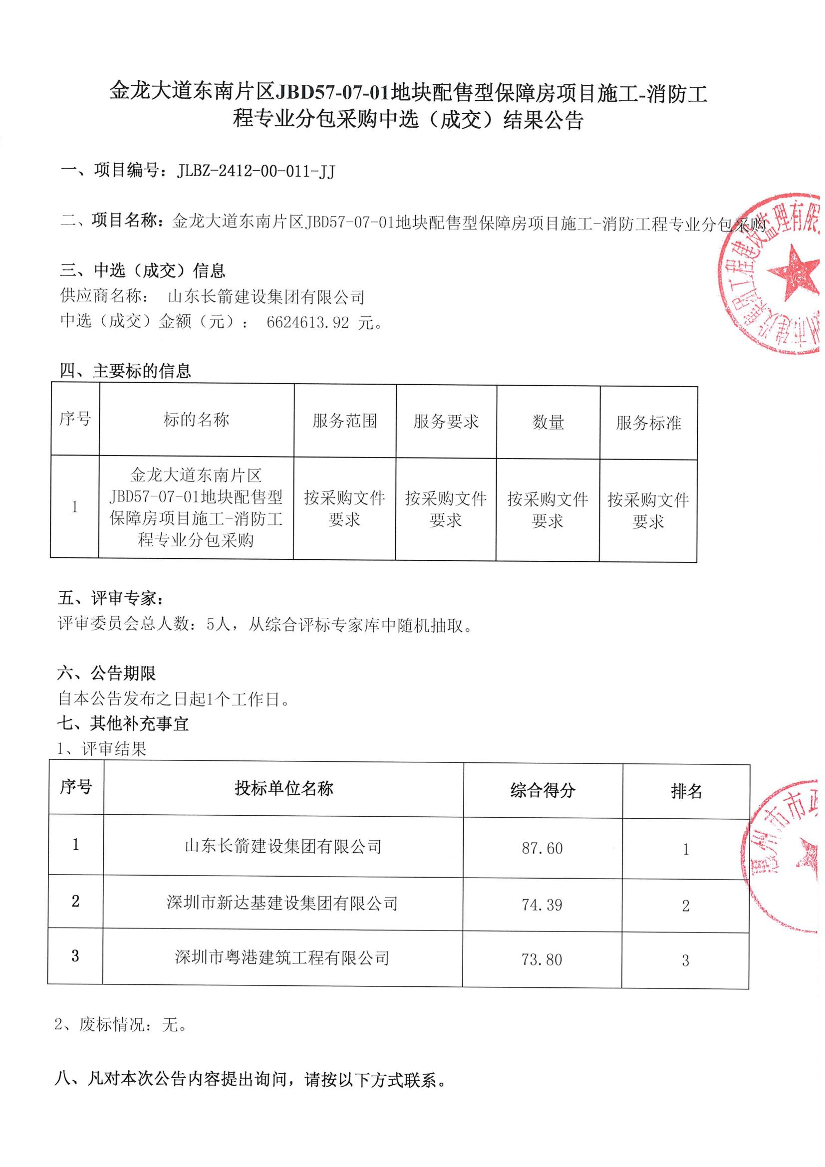 金龙大道东南片区JBD57-07-01地块配售型保障房项目施工-消防工程专业分包采购中选（成交）结果公告