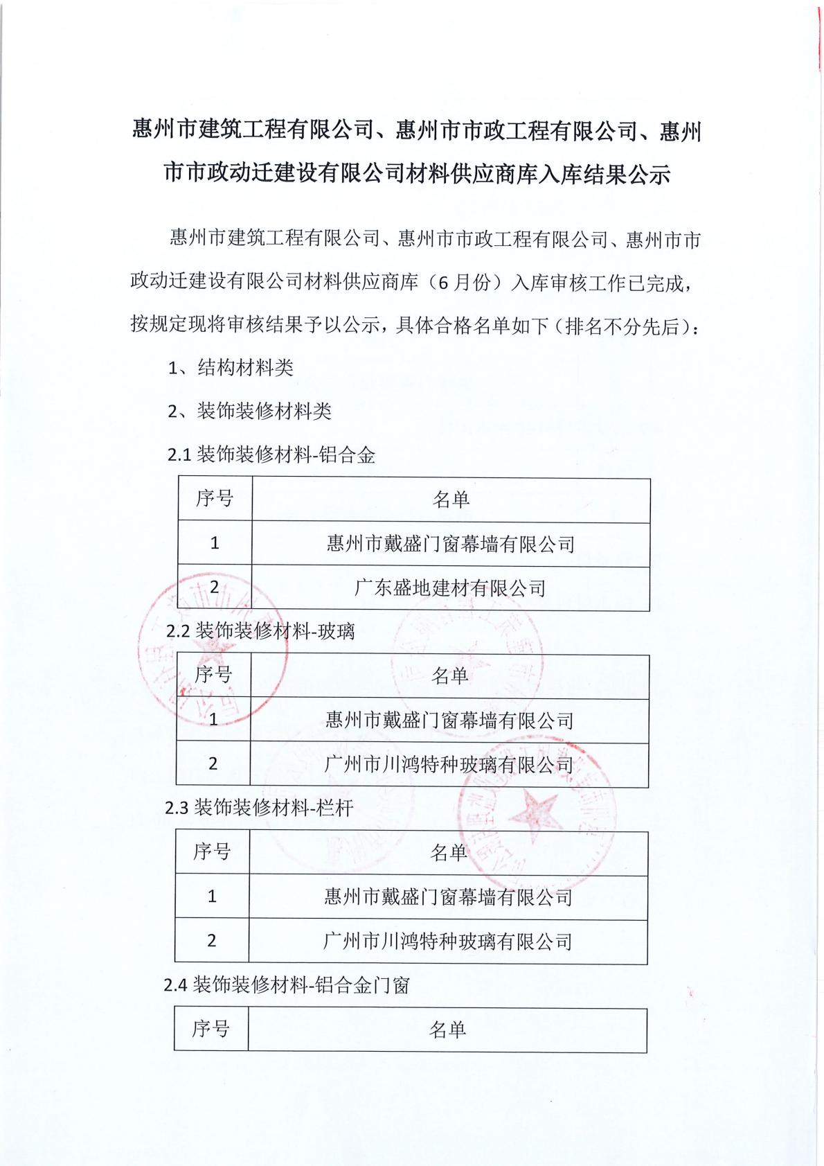 材料供应商库入库结果公示